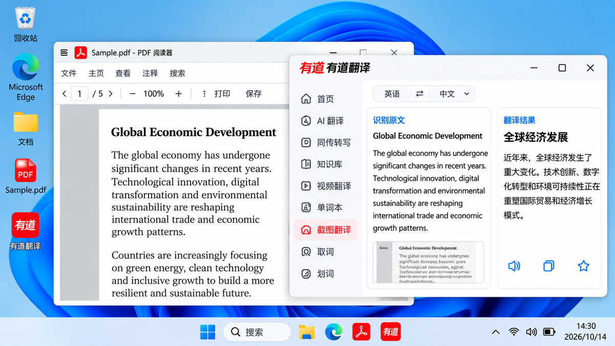 有道翻译截图OCR识别英文PDF文字并显示中文翻译结果